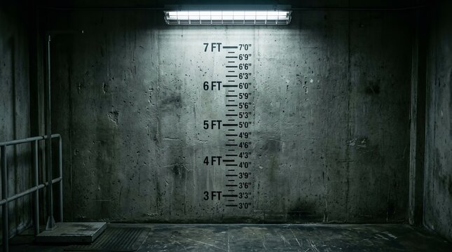 Gritty Prison Cell Height Chart Wall Under Harsh Lighting.