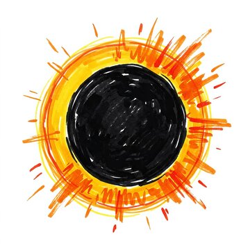 Hand-Drawn Illustration of a Solar Eclipse with Fiery Corona.
