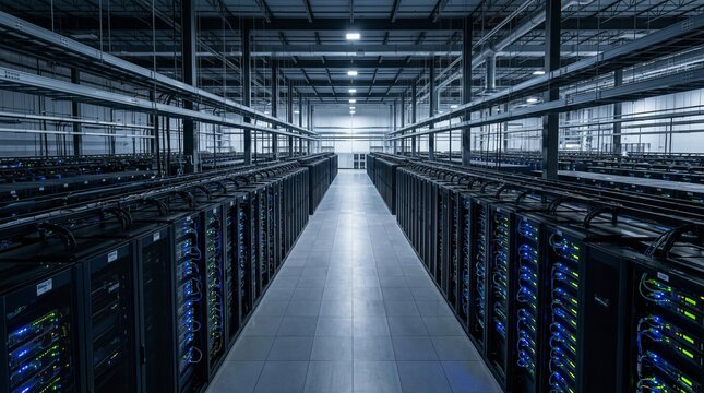 Modern Data Center Server Racks with Blue Lights.
