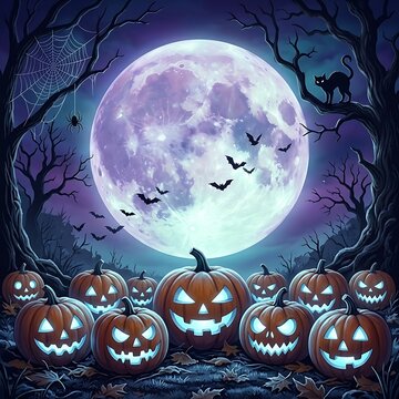 Spooky halloween scene featuring glowing carved jackolantern pumpkins resting under a massive full moon with flying bats and a black cat sitting on dead tree branches in the night sky Halloween