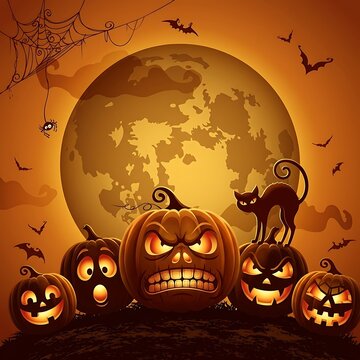 Spooky halloween night celebration featuring glowing carved pumpkins and scary cats under a full moon with flying bats and spiders weaving webs in the orange sky for autumn seasonal festivals