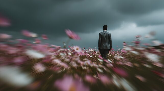A solitary man in a suit walks through a field of blooming flowers under a stormy, dark sky, creating a sense of melancholy and introspection