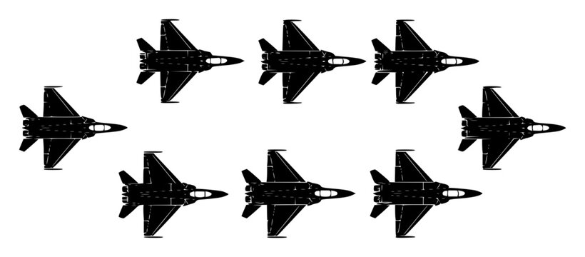 Minimalist vector illustration of six black fighter jets set with simple line art design featuring sketches, drawings, vector graphics with minimalist and simple illustrations