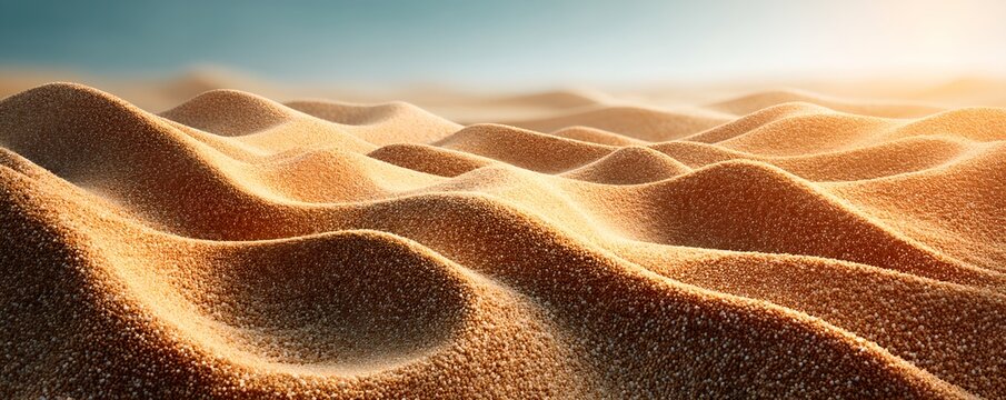 Sand dune landscape under a bright sunny sky. The golden sand is shaped into undulating dunes, creating a vast and arid desert scene