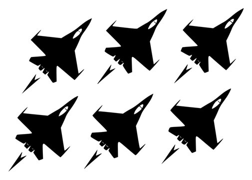 Minimalist vector illustration of six black fighter jets set with simple line art design featuring outline, illustration, graphic elements with clean design and vector art