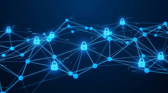 Secure Digital Network with Glowing Padlocks and Connections.