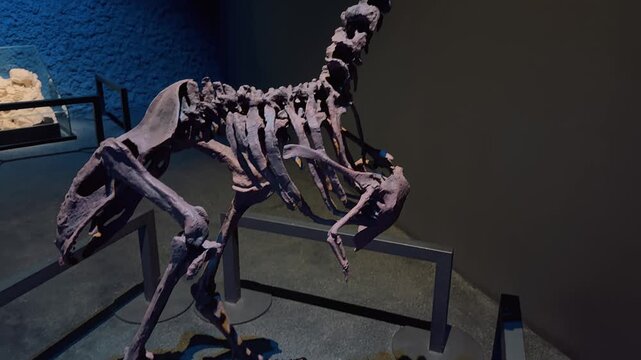 A reconstructed prehistoric fossil skeleton of a giant flightless bird Gastornis displayed under dramatic lighting inside a natural history museum exhibition
