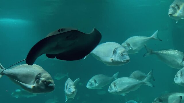 Graceful stingrays, predatory sharks, and diverse schools of silver fish glide smoothly through deep clear turquoise water inside a massive public oceanarium tank