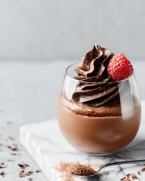 Rich chocolate mousse in a glass, topped with a swirl of dark chocolate and a fresh raspberry, dusted with cocoa powder on a marble slab