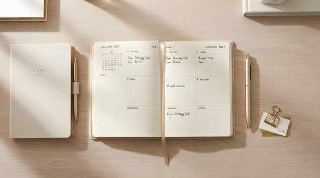 Clean open planner with simple list layout, minimalist organization and planning concept, blank space for schedule and goals, elegant stationery design, calm workspace for daily planning.