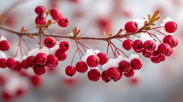 A close-up shot captures a delicate branch adorned with vibrant red berries, dusted with a gentle layer of snow. The soft, out-of-focus background suggests a tranquil winter scene
