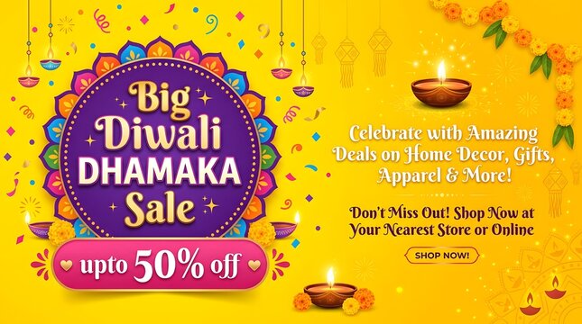 Big diwali dhamaka sale banner with festive decorations