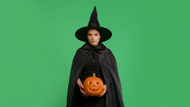 Halloween witch character holding carved pumpkin jack-o-lantern on green screen background for chroma key compositing