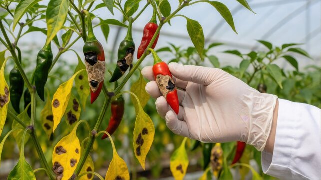 A gloved hand inspecting chili peppers showing signs of fungal infection and leaf spot disease.