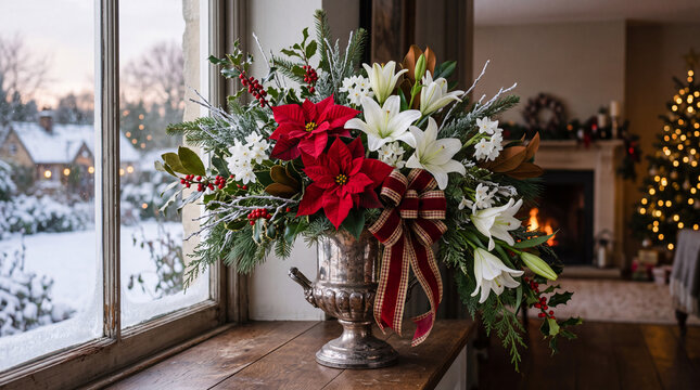 cascading white lilies scarlet poinsettias fragrant fir twigs magnolia foliage holly berries and ribbon accents arranged elegantly in an antique silver holiday urn by a window