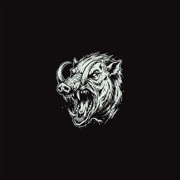 Aggressive Wild Boar Head Illustration with Tusks and Open Mouth