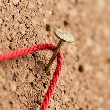 Close-up of a Red Thread Wrapped Around a Brass Nail in a Corkboard.