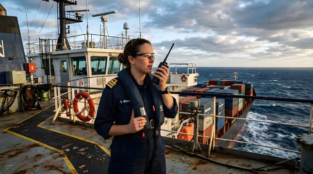 Maritime officer with radio standing on ship deck, sea and sky backdrop, professional seafarer, nautical communication, watch duty at sea, vessel operation, calm ocean view, maritime industry.
