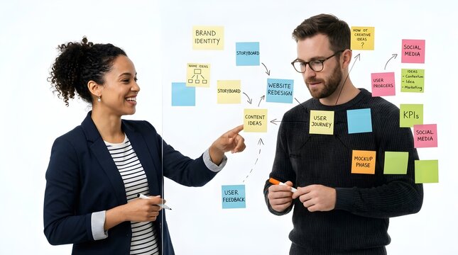 Business professionals brainstorming with colorful sticky notes on whiteboard, creative planning and strategy session, team collaboration and project management, office teamwork and innovative ideas.
