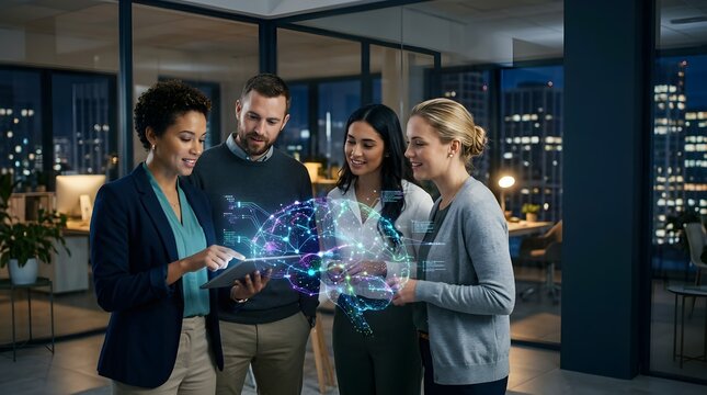 Diverse business team gathered around digital interface, collaborative data analysis and planning, modern office teamwork, global digital connection concept.