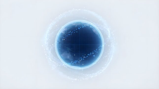 Abstract glowing blue digital sphere with radiant light ring, futuristic technology globe, global data and internet concept, luminous planet design, digital network and energy visualization.