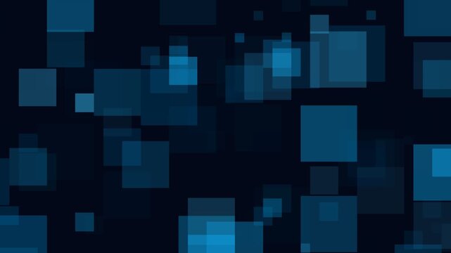 Square bokeh blocks drifting with translucent blue geometric layers and soft floating motion on dark screen for digital technology backdrop