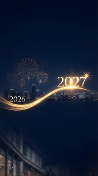 Elegant golden 2026&ndash;2027 with flowing light wave and fireworks sparkles, New Year transition concept, luminous celebration design, bright golden numbers and light path, festive and hopeful new year.
