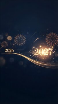 Glowing golden 2026&ndash;2027 with fireworks burst and flowing light lines, New Year celebration design, festive transition to coming year, bright sparkles and luminous numbers, holiday decoration.