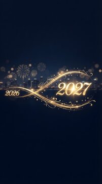 Golden glowing 2026&ndash;2027 text with fireworks and light trail, New Year celebration concept, transition to new year, festive glowing numbers, anniversary and milestone design, bright golden light.
