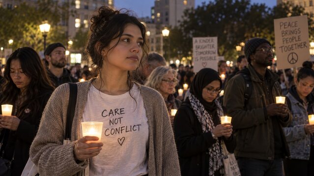 Peace vigil with people holding candles for harmony and social awareness