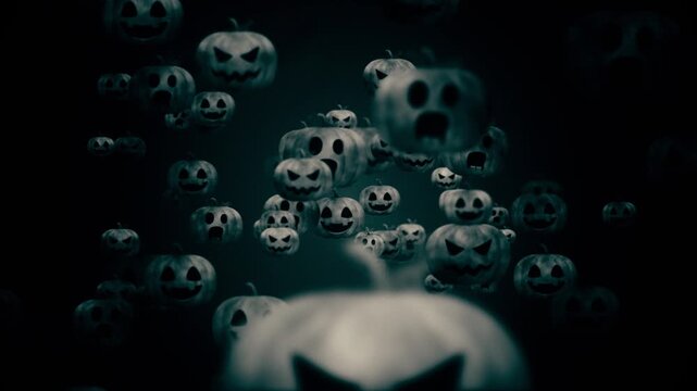 Dark creepy Halloween background with scary evil pumpkins menacingly approaching the camera. Full HD and looping spooky background.