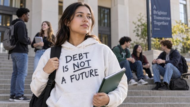Young college student concerned about education debt and financial future
