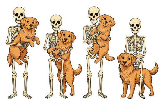 Halloween Skeleton Holding Golden Retriever Dog
