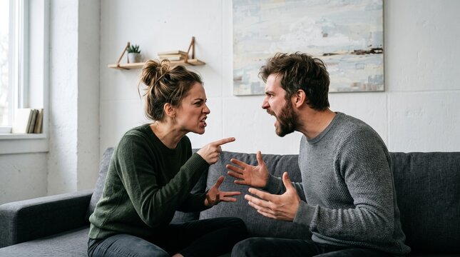 Furious Couple Shouting and Gesturing During Domestic Argument on Couch