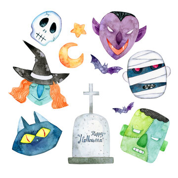 ハロウィン　色々なモンスター 怪物 セット　水彩 イラスト