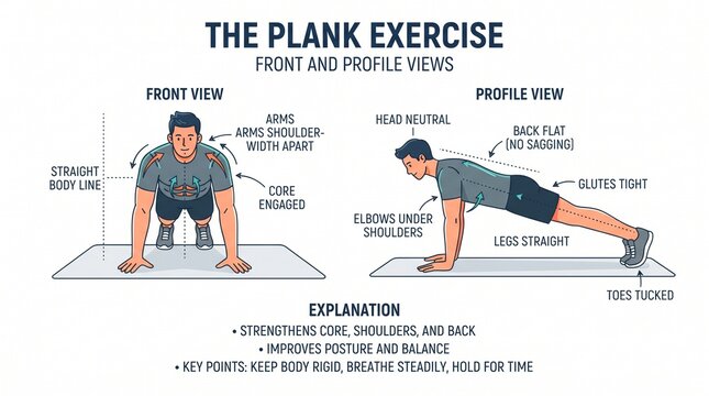 Educational Infographic Illustrating Proper Plank Exercise Form In Front And Profile Views