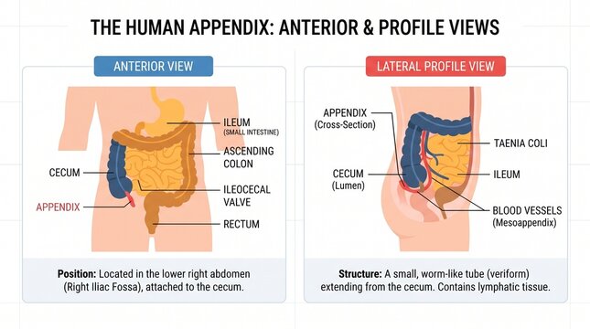 Medical Anatomy Illustration Showing Human Appendix Position In Anterior And Profile Views