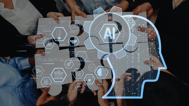 A diverse team collaborates on innovative concepts related to artificial intelligence, surrounded by digital graphics that illustrate technology and strategic ideas. Raster
