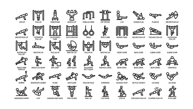 Collection of black and white line icons depicting various calisthenics exercises and bodyweight workout movements