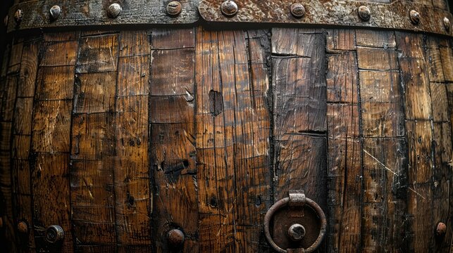Aged cuban rum barrel with rustic texture and metal bands isolated against a dark background