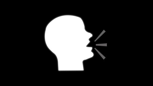 Minimalist black silhouette of human head profile speaking with sound waves, communication icon on a transparent background with alpha channel, animation for voice, dialogue, podcast, audio concept