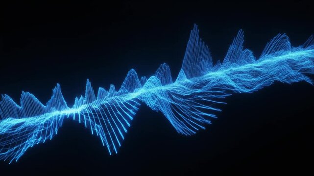 Neon blue digital equalizer waveform pulsing dynamically across the dark display during performance