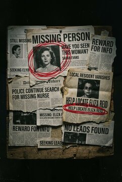 Collage of Missing Person Posters and Newspaper Clippings Detailing a Disappearance.