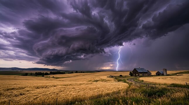 Dramatic Lightning Strike Over Rural Farmhouse During Intense Thunderstorm.