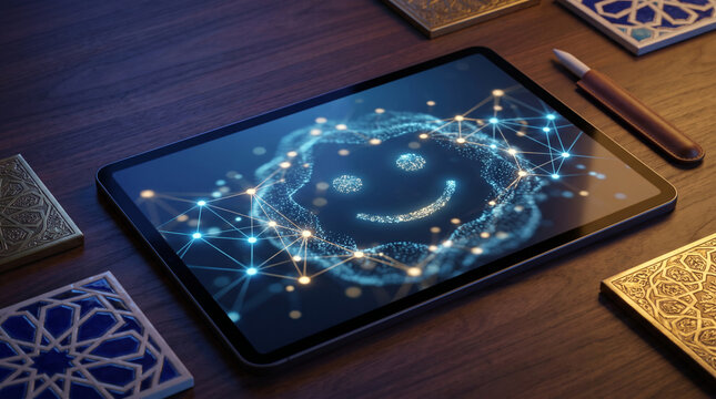 Digital tablet displaying a glowing artificial intelligence smiley face icon