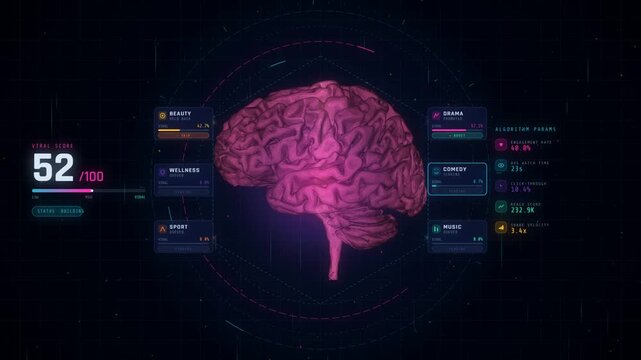 Viral score interface analyzing a 3D human brain with social media content categories