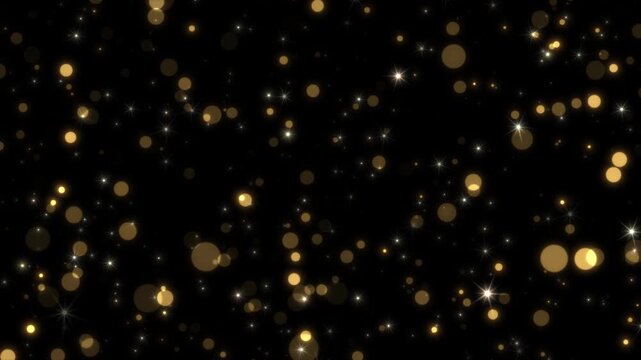 Bright golden flying sparks of particles. Glowing twinkle fairy glitter particles. Holiday Christmas bokeh background. Embedded alpha channel. ProRes 4444