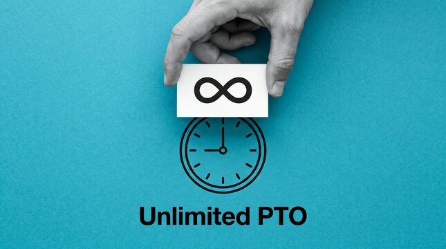 A human hand holding a card with infinity symbol positioned above a clock illustration and text unlimited paid time off representing endless vacation benefits and modern corporate policy