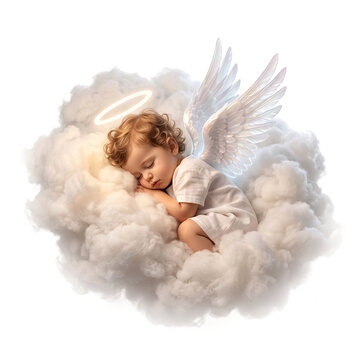 Sweet baby angel sleeping peacefully on white cloud