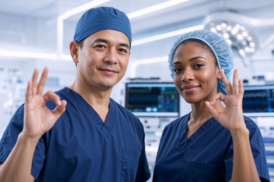 Diverse surgical team smiling and showing OK sign in an operating room. Male and female doctors in blue scrubs and caps. Successful surgery and healthcare concept